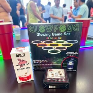 Lot of 3 Drinking Games GlowPong LED Beer Pong, Reuzel & Shot Glass Tic Tac Toe